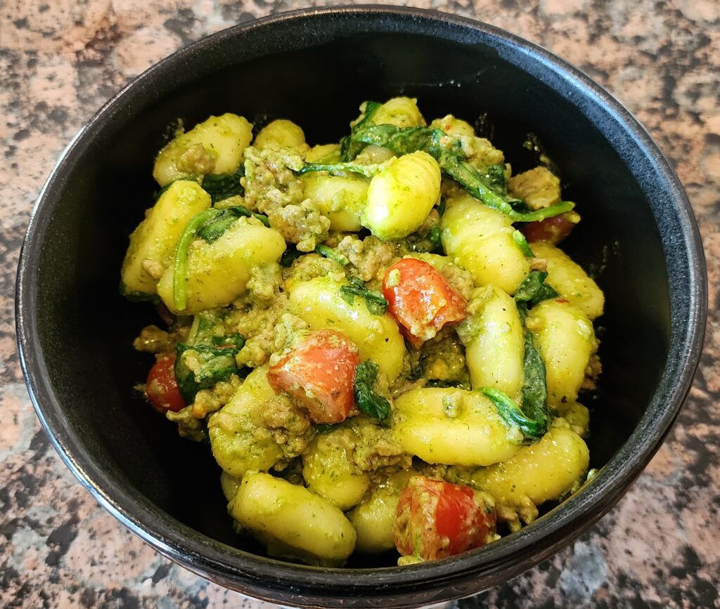 vegan sausage and pesto gnocchi